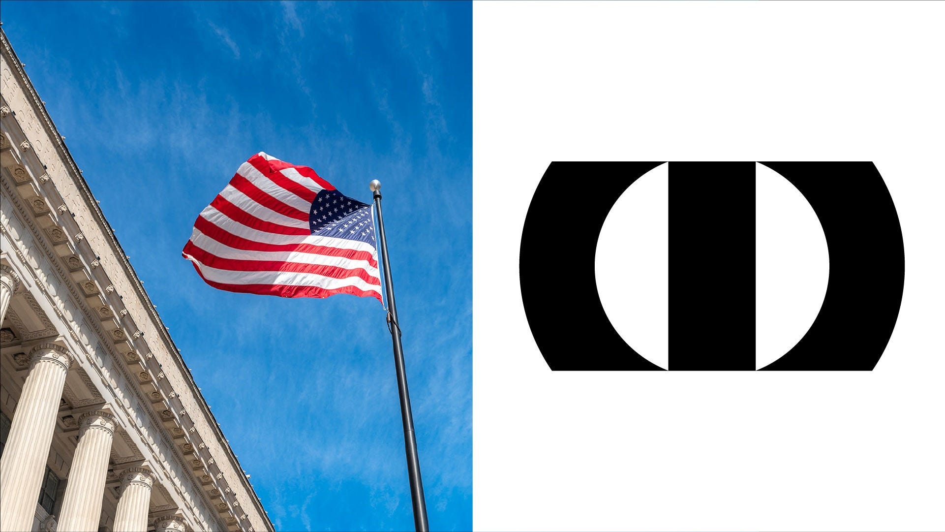 Two images, side-by-side: An American flag flying beside a columned government building and the OneTrust logo.