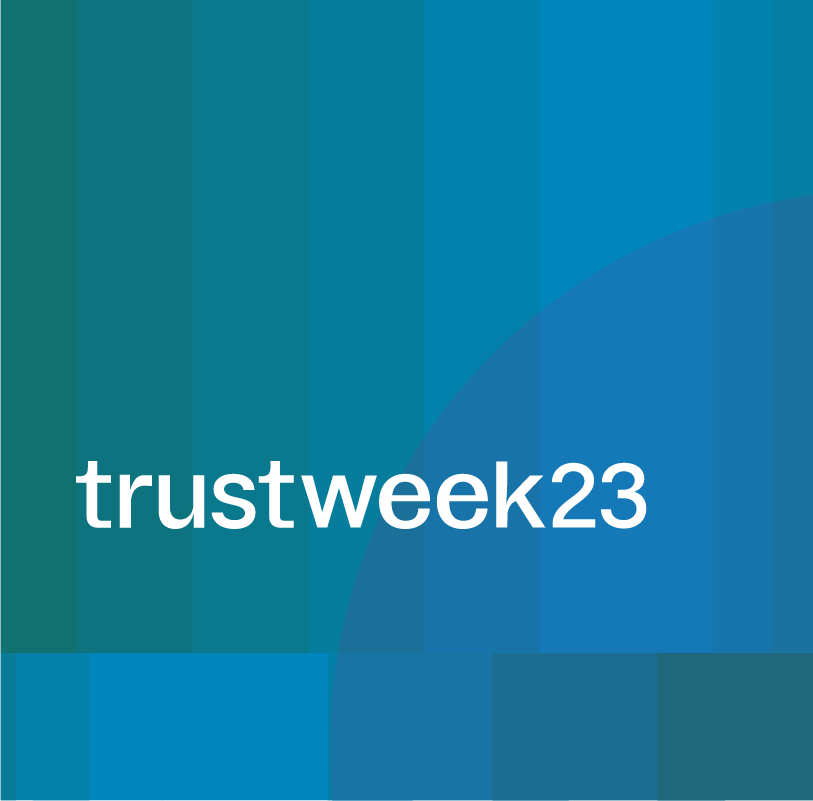 The TrustWeek 2023 logo on a blue and turquoise background. 
